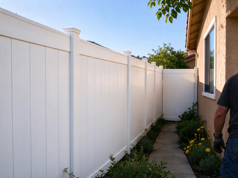 New white vinyl privacy fence with caps on every post on the same line.