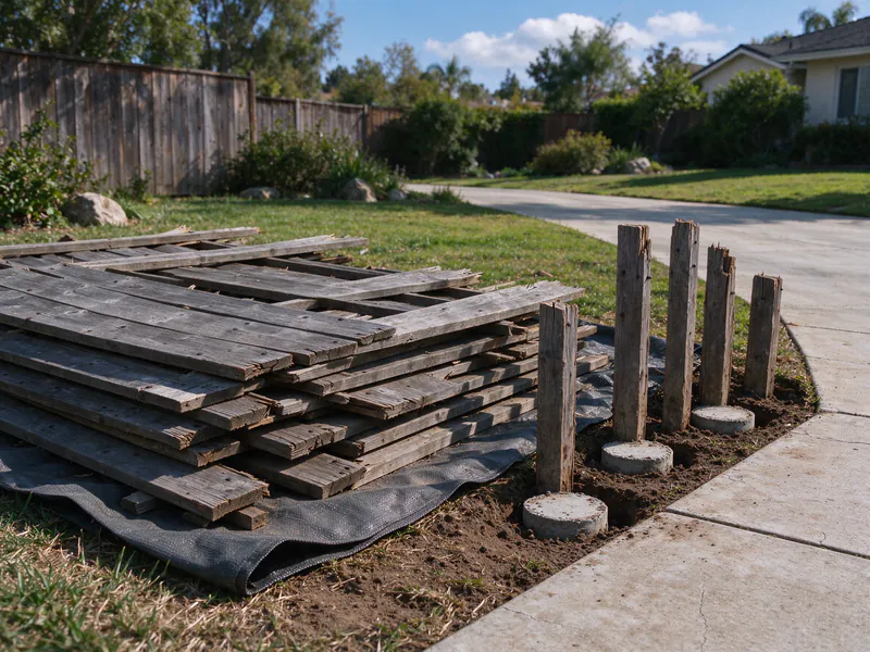 Old fence boards, rails and posts with concrete plugs stacked on a tarp for haul-away.