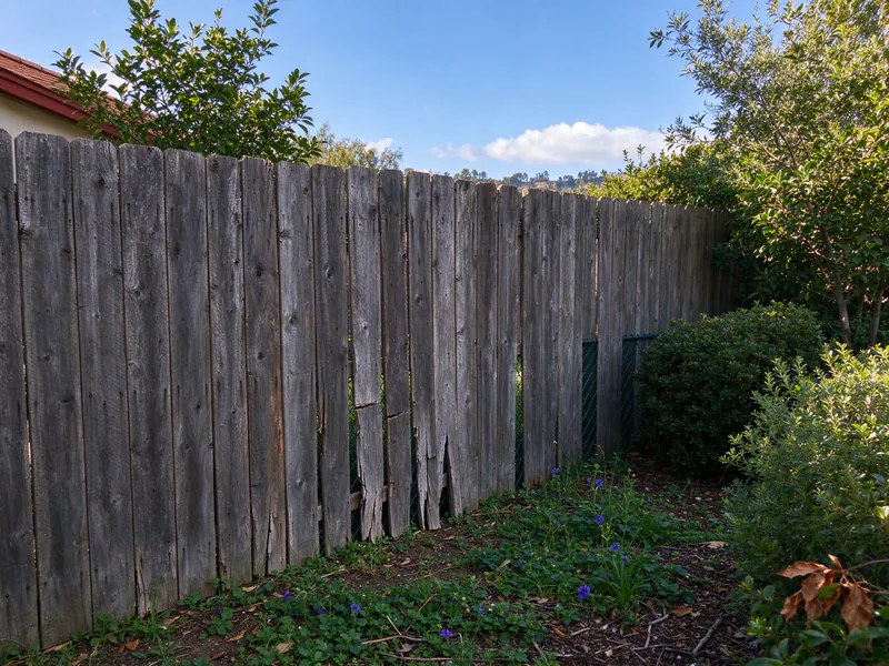 Old gray warped wood fence with mismatched patched boards.