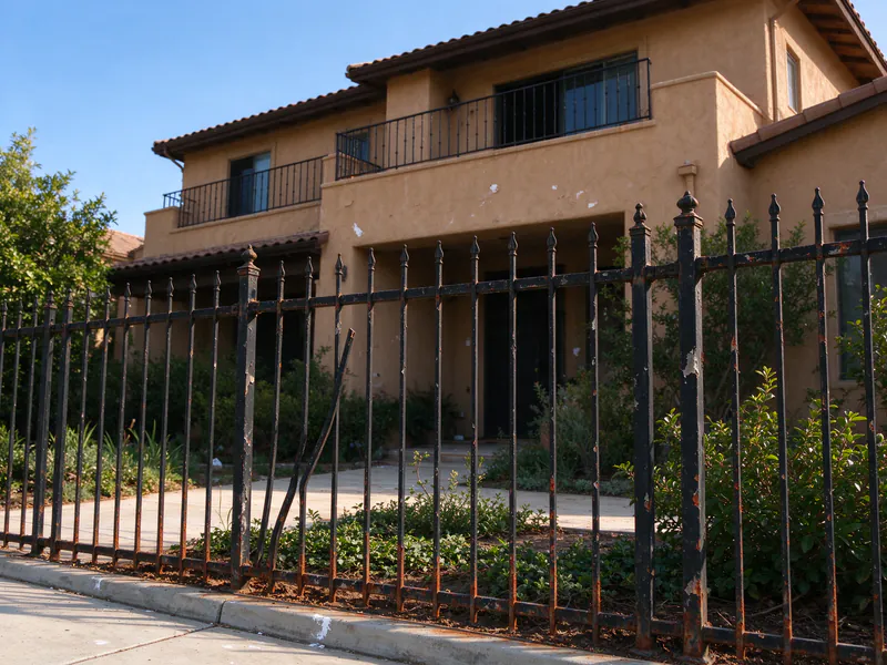 Old iron fence with flaking paint, rust at the bottoms and a bent picket.