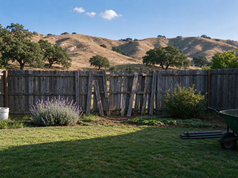 Old leaning gray wood fence with missing boards along the back of a yard.