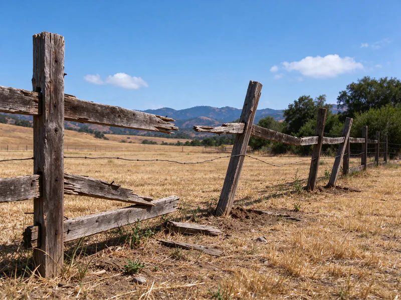 Old ranch fence with broken rails and leaning posts along a dry pasture.
