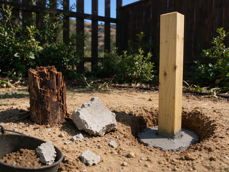 Old rotted post with its concrete plug lying beside a new pressure-treated post.
