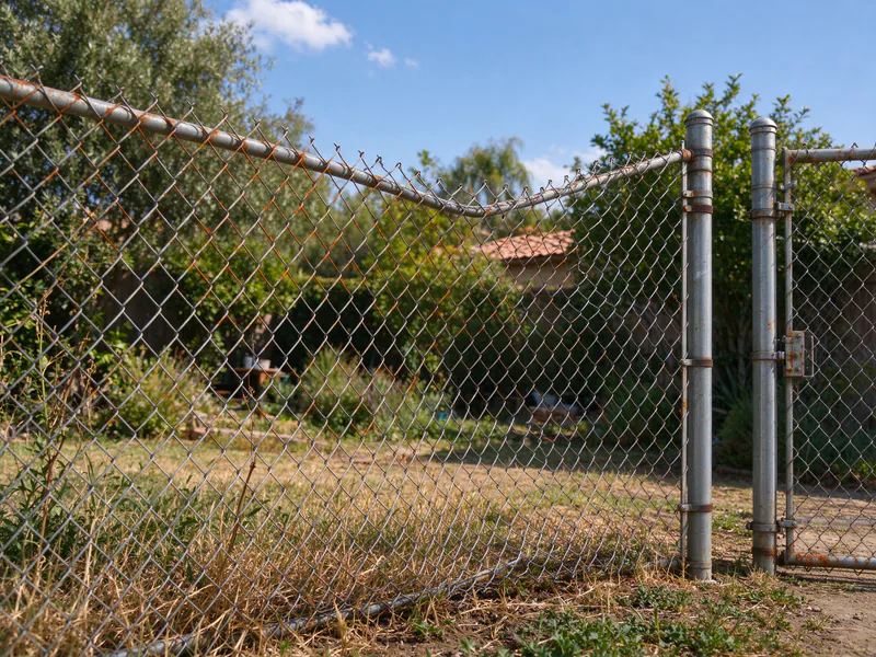 Old rusty chain link fence with a bent top rail and loose, bellied fabric.