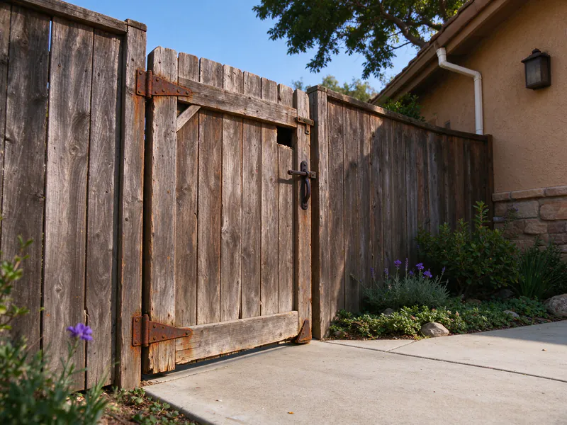 Old sagging wood side gate with rusty hinges dragging on the concrete.