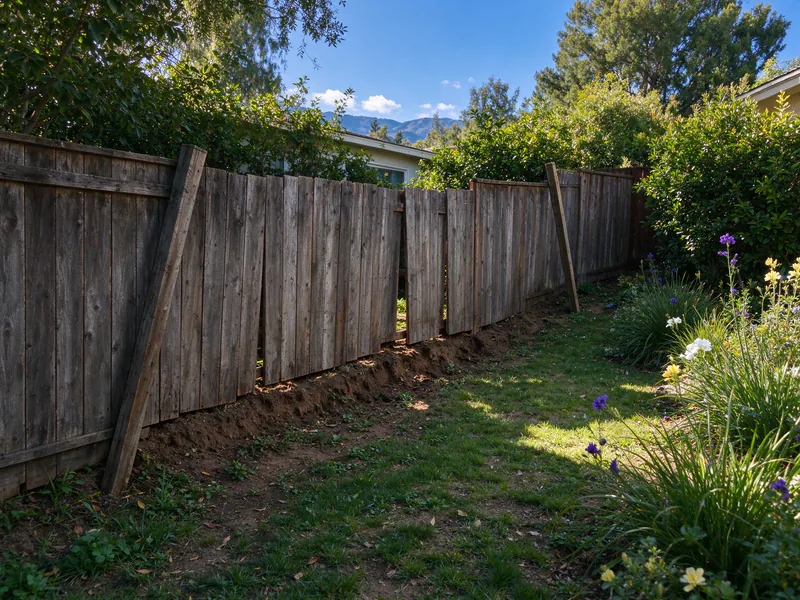 Old wood fence on a slope with uneven gaps under the panels where soil washed out.