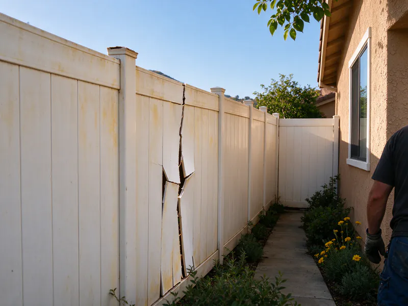 Old yellowed vinyl fence with a cracked panel and a missing post cap.