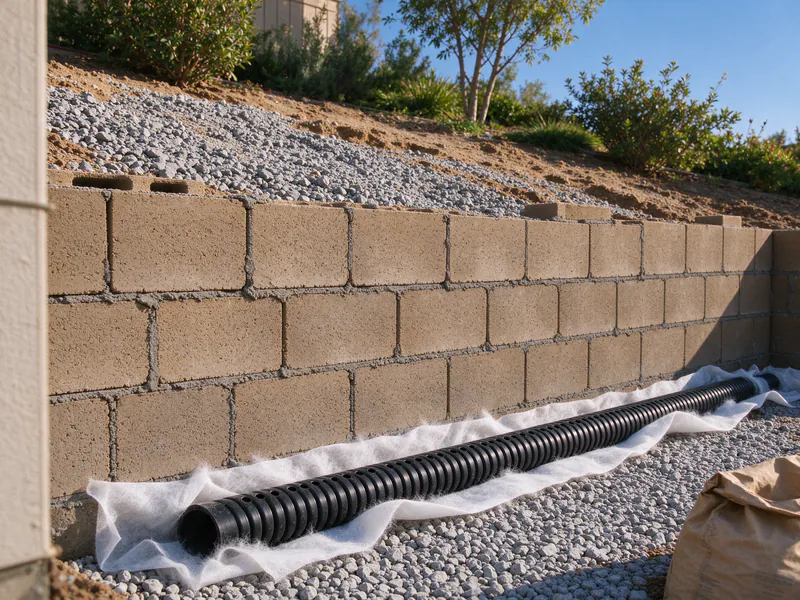 Perforated drain pipe and gravel backfill behind a partly built block retaining wall.
