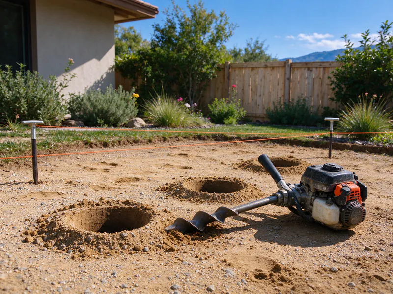 Post holes augered in decomposed granite along a string line, with an auger beside them.