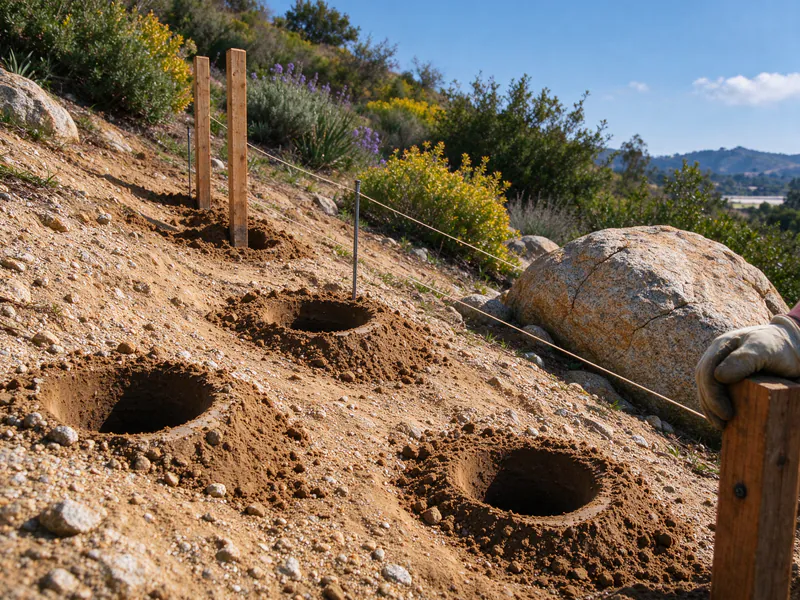 Post holes and a string line running down a steep decomposed granite slope with granite boulders.