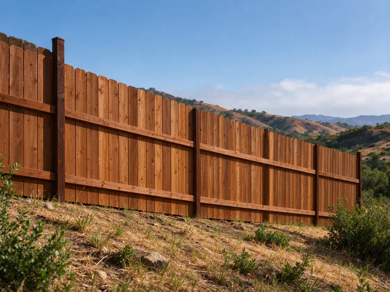 Racked wood fence on a slope with rails following the grade and vertical boards.