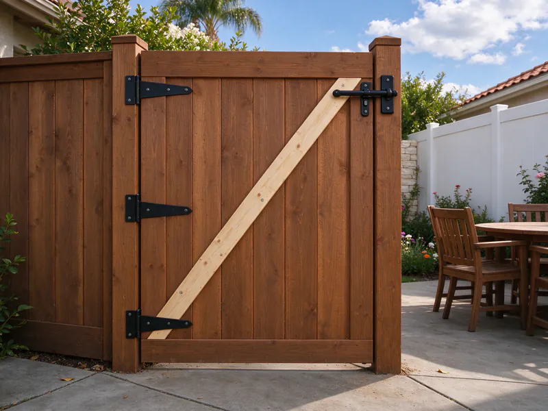 Re-hung wood gate with three strap hinges and a diagonal brace from the bottom hinge corner to the top latch corner.