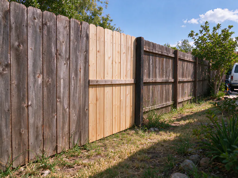 The same fence with the rail reattached and new cedar boards filling the gap.