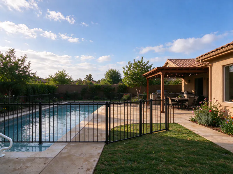 The same pool now enclosed by a black aluminum pool fence with a self-closing gate.
