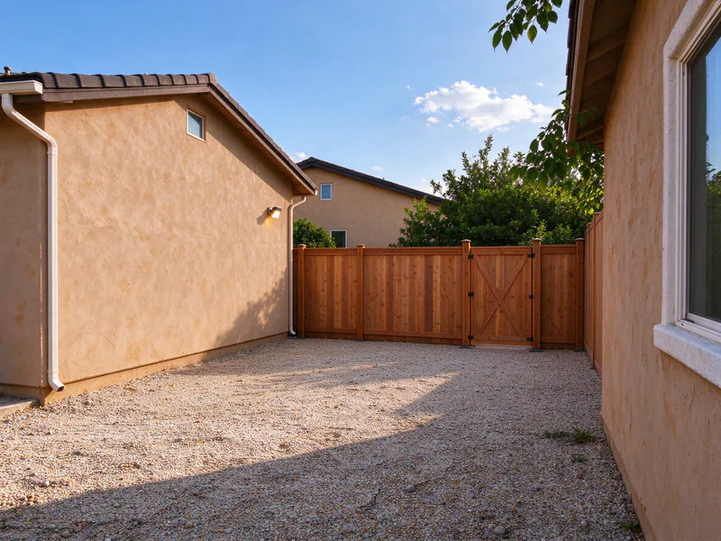 The same side yard with a new cedar privacy fence and walk gate.