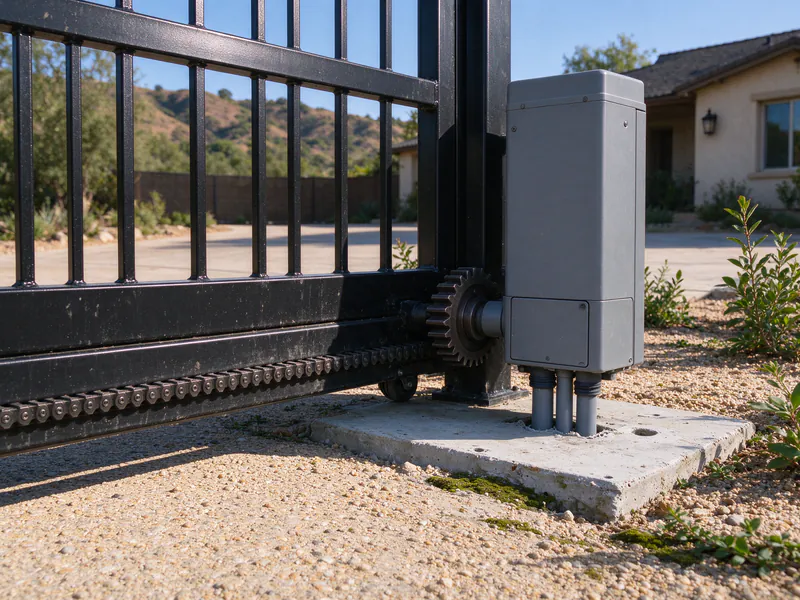 Slide gate operator on a concrete pad beside a black steel rolling gate, with a gear rack along the bottom rail.