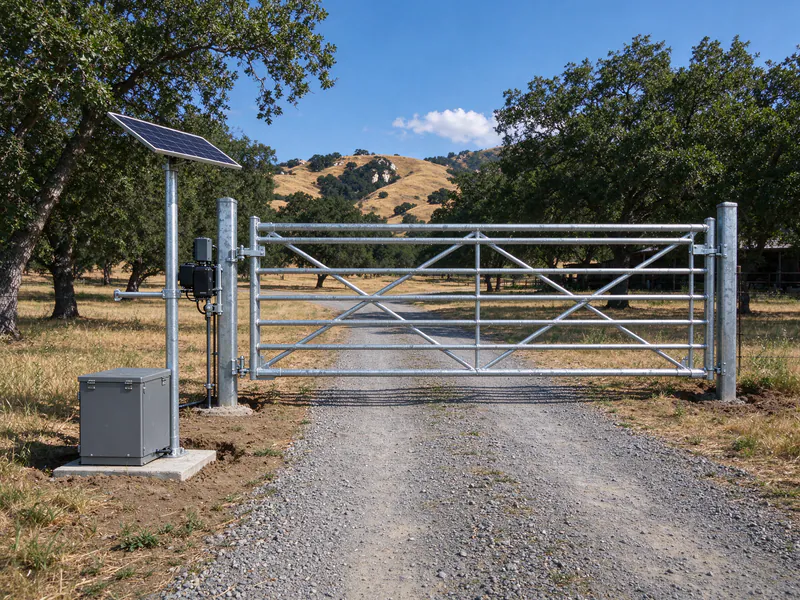 Solar-powered swing operator on a galvanized ranch gate across a gravel drive, with a small solar panel on a pole.