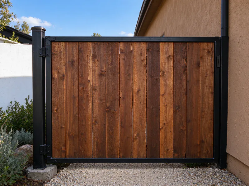 Steel-framed cedar side gate on a steel post beside a stucco house.
