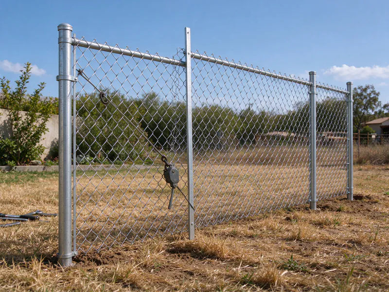Stretcher bar and come-along pulling chain link fabric taut toward a terminal post.