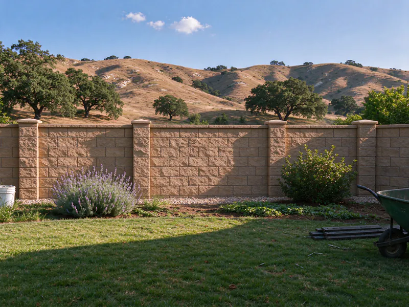 Tan slumpstone block wall with capped pilasters along the back of the same yard.