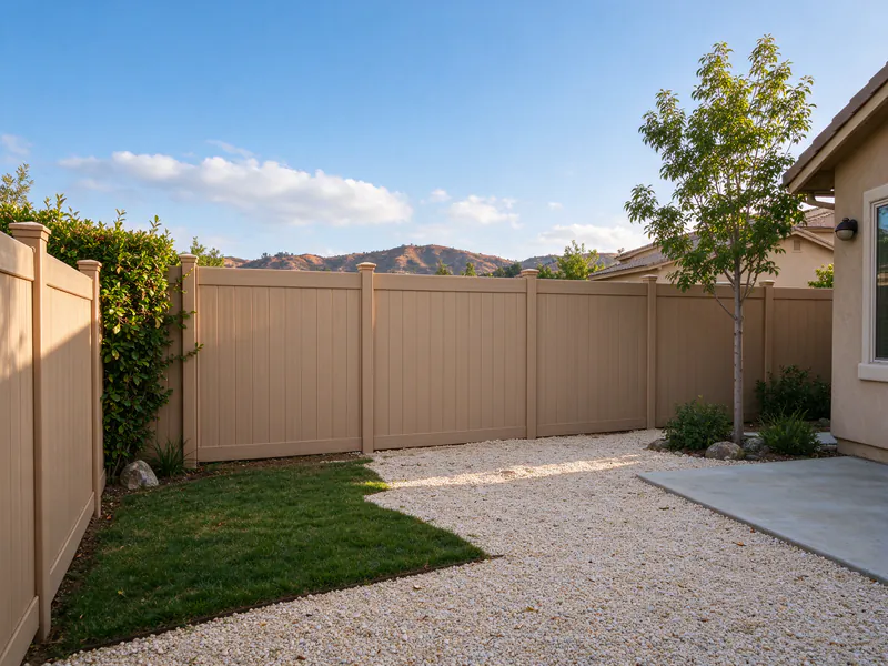 Tan vinyl privacy fence along the back of a tract home yard.