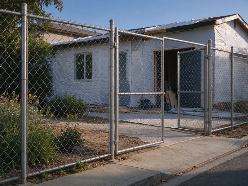 Temporary chain link panels along a sidewalk at a house remodel, with a two-panel gate open.
