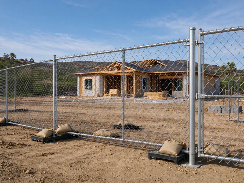 Temporary chain link panels on weighted stands around a house construction site.