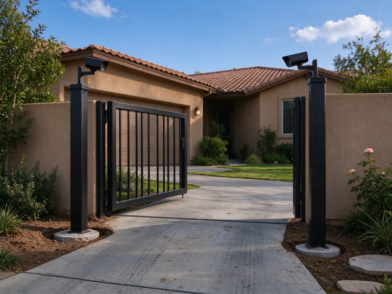 Two photo-eye sensor posts facing each other across a driveway in front of an open steel swing gate.