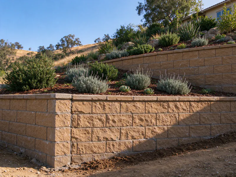 Two terraced block retaining walls with a planted terrace between them on a hillside lot.