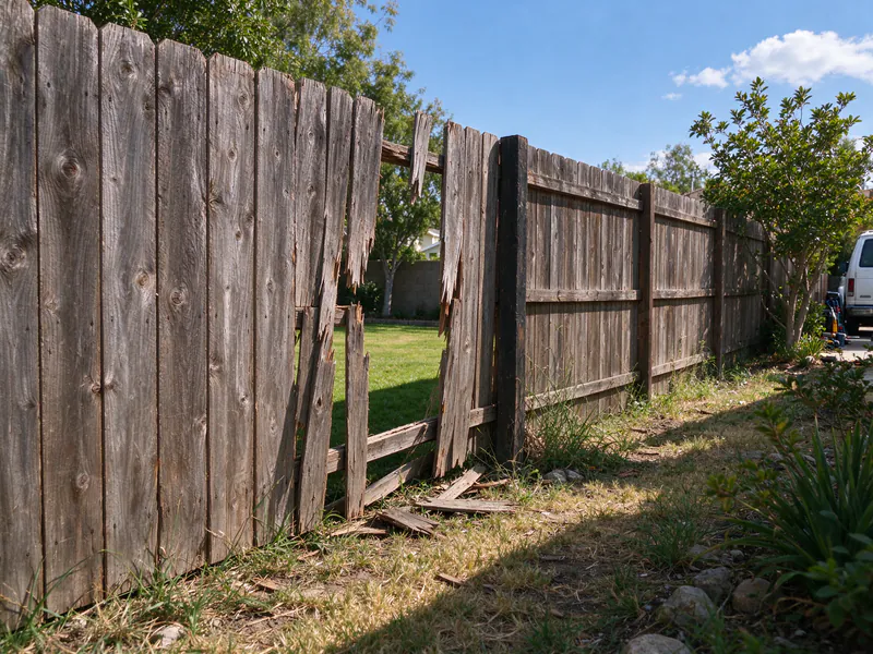 Weathered wood fence with broken and missing boards and a loose rail.