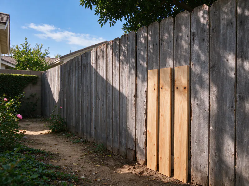 Weathered wood fence with three new cedar boards nailed in among the gray boards.