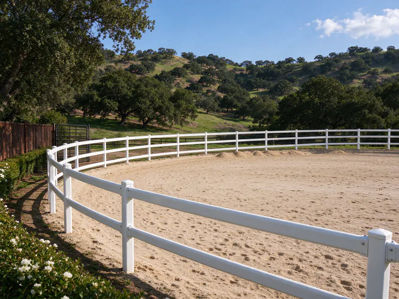 White three-rail steel pipe fence around a sandy riding arena.