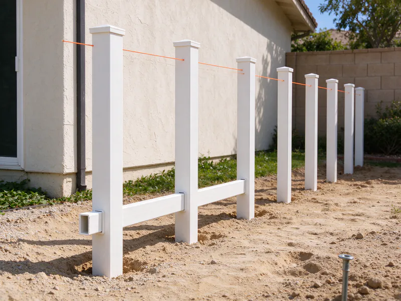 White vinyl posts set along a string line with the first bottom rail in place.