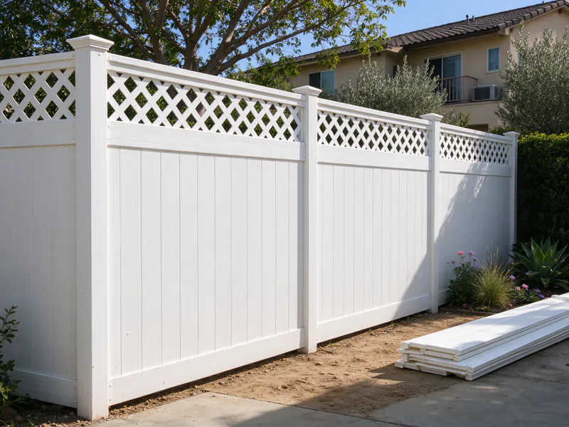 White vinyl privacy fence with a lattice top along a back yard.