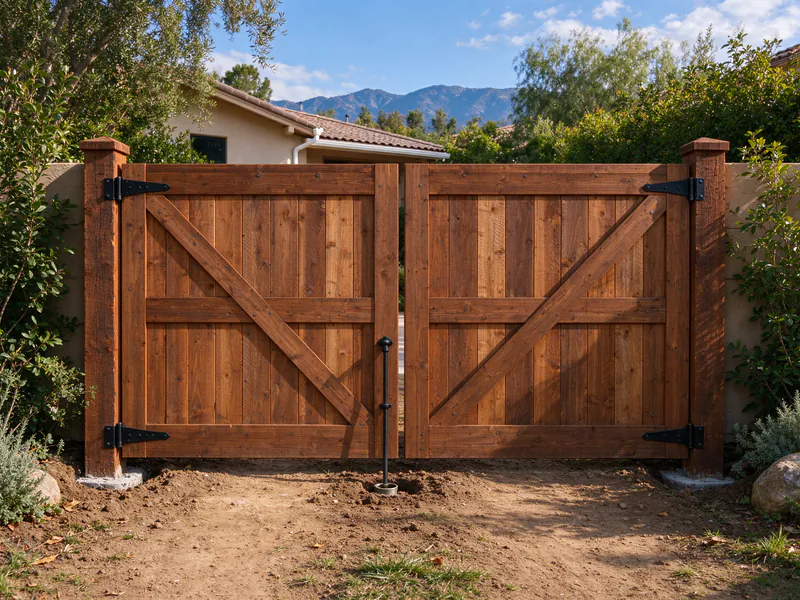 Wood double drive gates on heavy hinge posts with a cane bolt dropped into the concrete at the center.