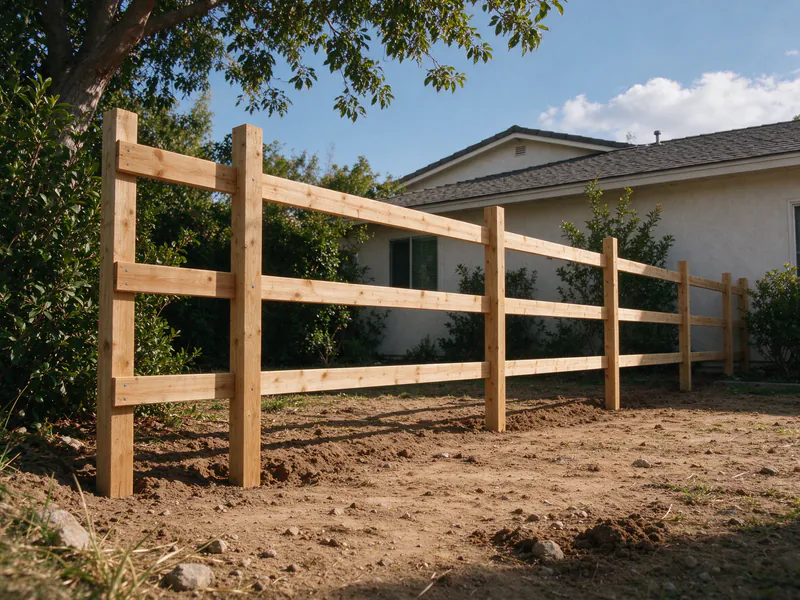Wood fence frame of posts and three rails before the boards are hung.