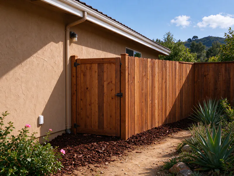 Wood fence and gate attached directly to a stucco wall, with bark mulch at the base.